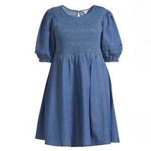 Smocked Chambray Denim Dress Pockets Sz 1X Western Cowgirl Country Cottegecore